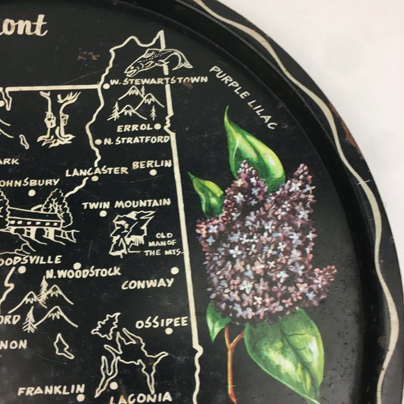 Vintage Aged Vermont New Hampshire Round Black Tin Metal Tray Souvenir Imagery - Picture 8 of 10